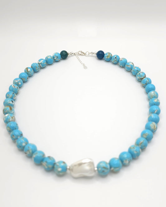 Blue Shell Bead Large Necklace with Keshi Shell Pearl