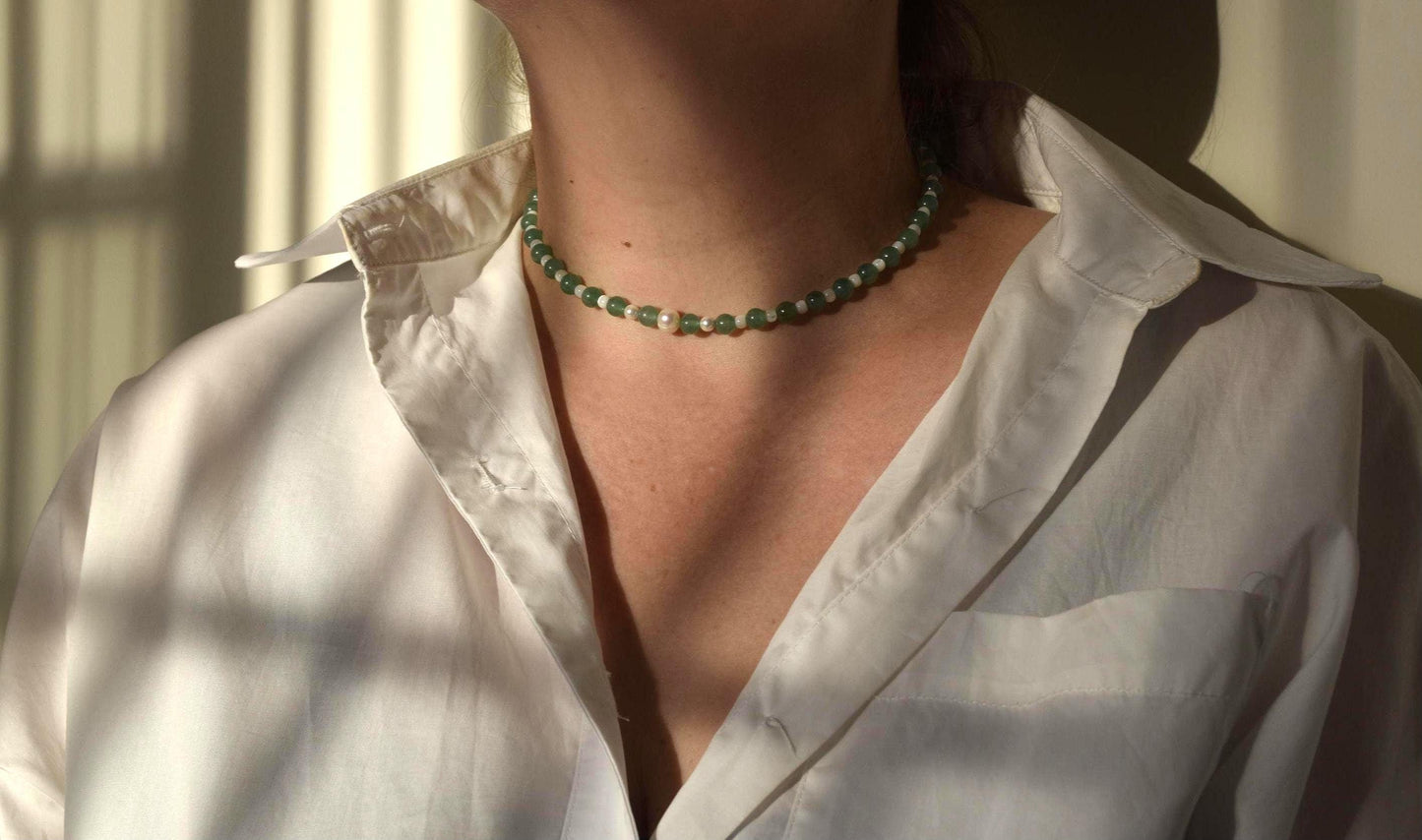 Green Aventurine & Pearl Necklace and Bracelet.