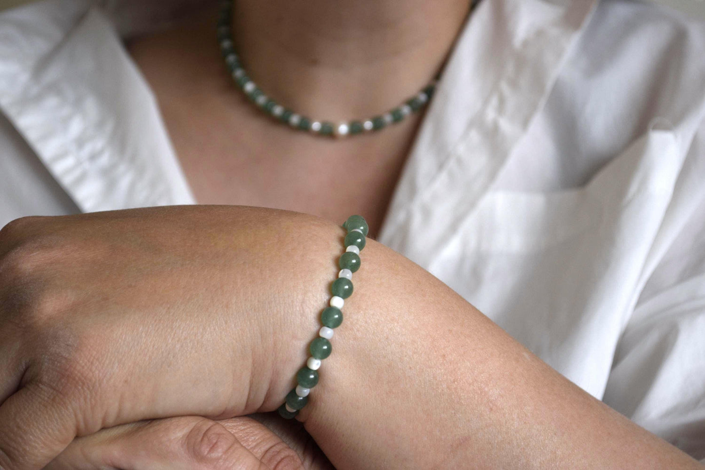 Green Aventurine & Pearl Necklace and Bracelet.