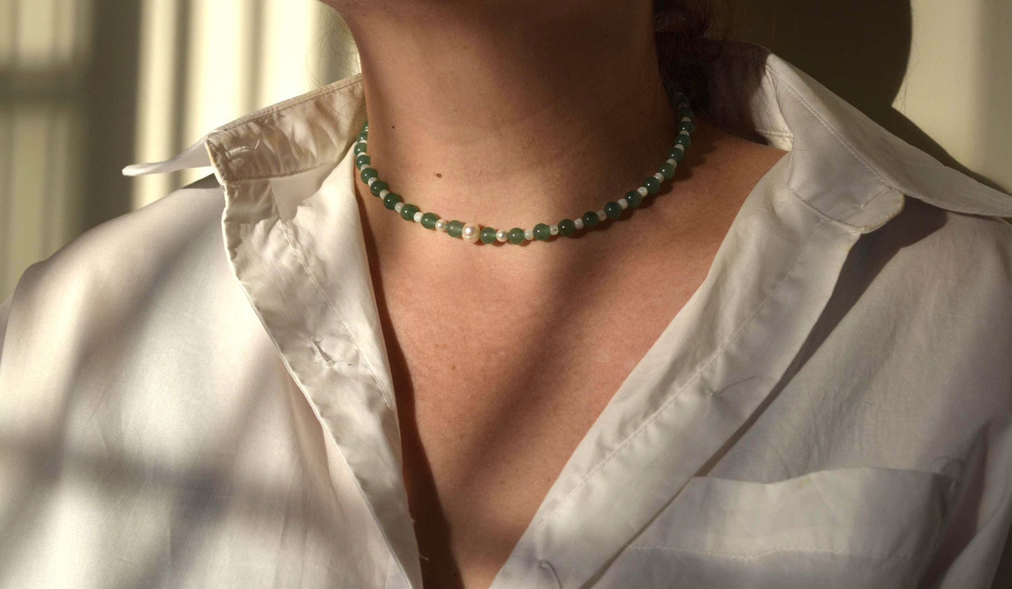 Green Aventurine & Pearl Necklace and Bracelet.